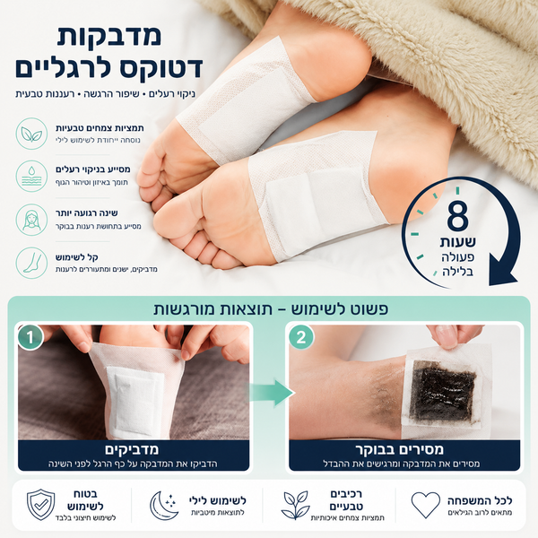 בצעו ניקוי רעלים לגוף בעזרת מארז 10 מדבקות לכפות הרגליים | סלקו רעלים, לכלוך וכימיקלים מזיקים מהגוף | התעוררו רעננים ונמרצים