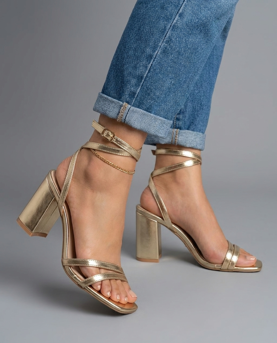 סופיה | סנדלי עקב בלוק מטאליים זהב
